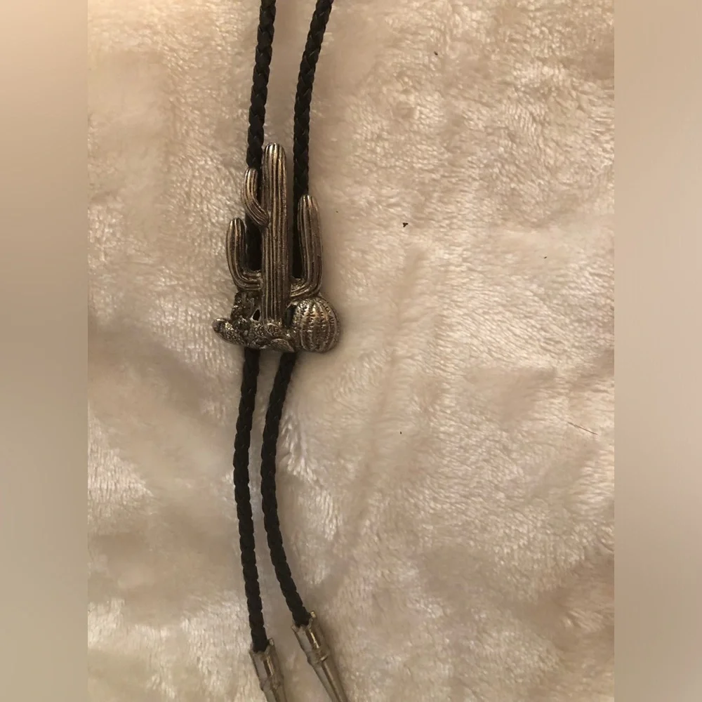 Southwestern Silver Cactus Bolo Tie with Black Braided Cord